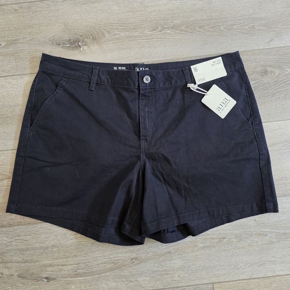 A.N.A. Mid Rise Midi Chino Shorts 5" Inseam Black Womens Size 16 NWT